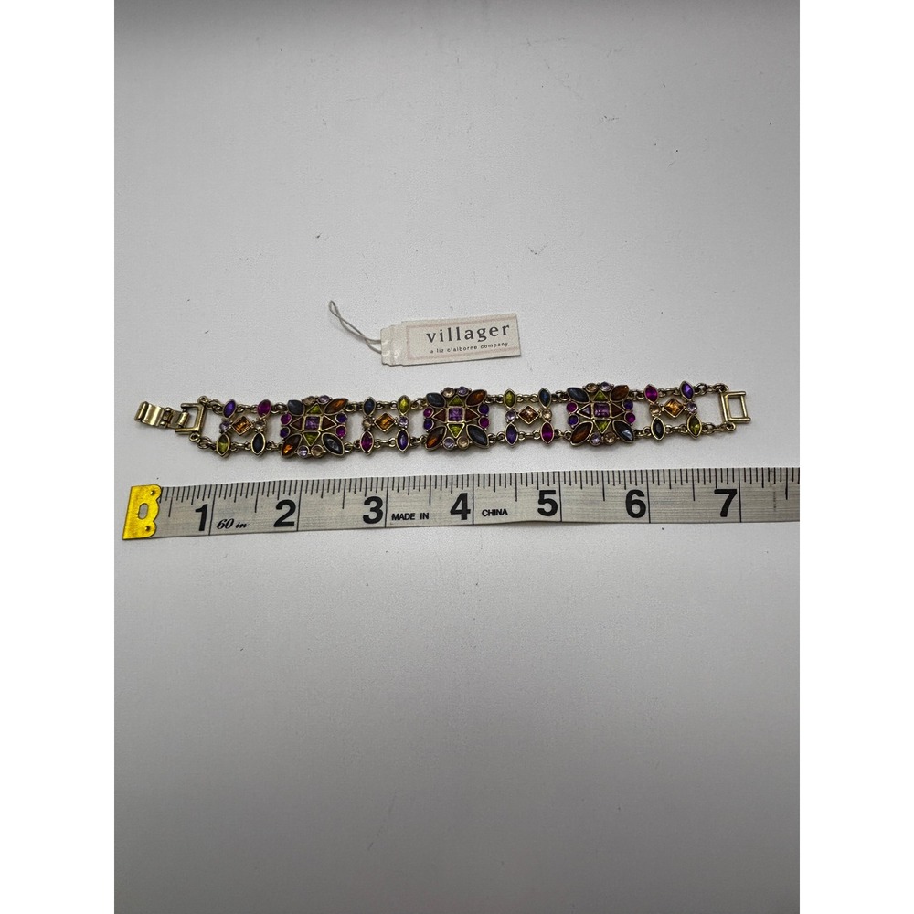 Villager Link Bracelet Womens 7"‎ Gold Multi-Color Rhinestone Liz Claiborne NWT